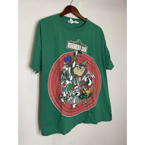 VTG 90s Looney Tunes T-Shirt Unisex Adult XL Green Christmas 1995 Character - Picture 2 of 8